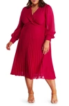 Estelle Pleated Long Sleeve Midi Dress In Raspberry