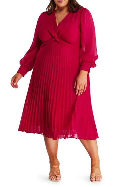 Estelle Pleated Long Sleeve Midi Dress In Raspberry