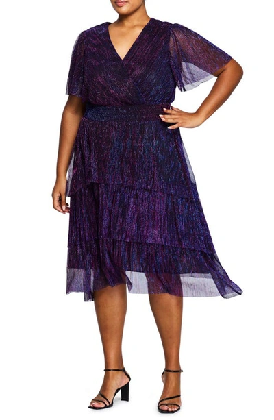 Estelle Glitterland Shimmer Plissé Midi Dress In Navy/ Ultraviolet