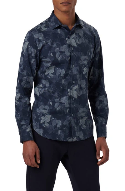 Bugatchi Axel Leaf Print Stretch Cotton Button-up Shirt In Navy