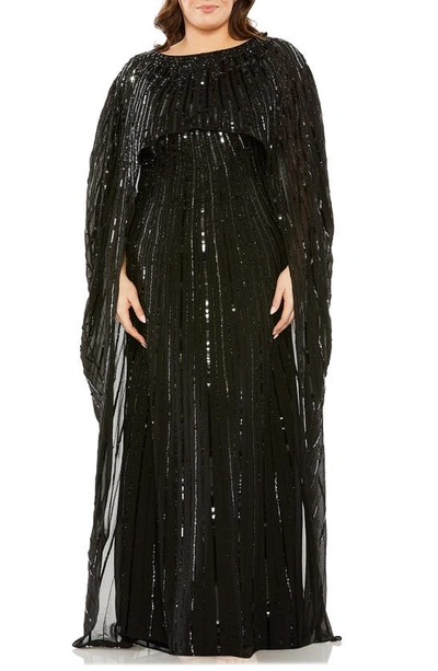 Fabulouss By Mac Duggal Sequin Long Sleeve Cape Overlay Gown In Black