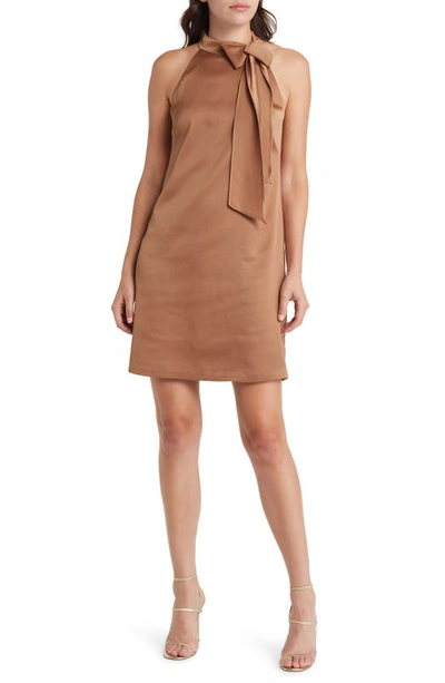 Vince Camuto Bow Neck Satin Shift Dress In Gold
