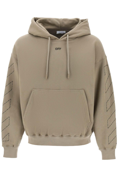 Off-white Hoodie With Topstitched Motifs In Khaki