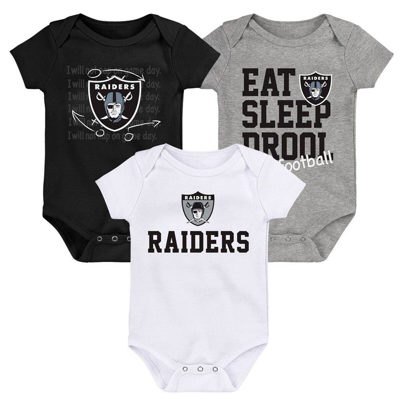 Outerstuff Babies' Newborn & Infant Black/white/heather Gray Las Vegas Raiders Three-pack Eat, Sleep & Drool Retro Body In Black,white,heather Gray