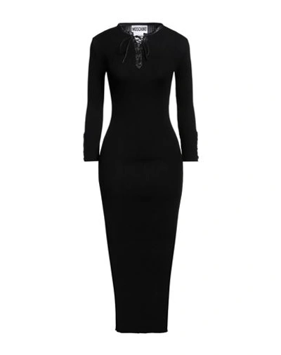 Moschino Woman Long Dress Black Size 6 Virgin Wool, Polyamide, Elastane, Calfskin In Black