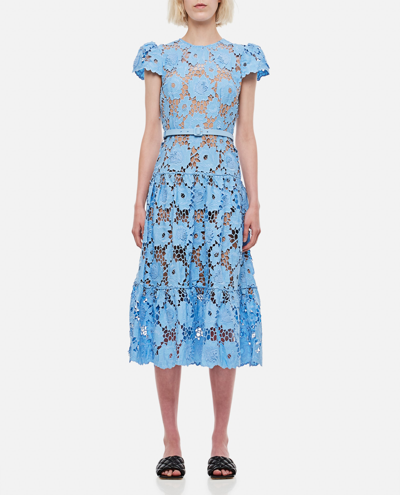 Self-portrait Blue 3d Cotton Lace Midi Dress In Sky Blue