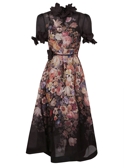 Zimmermann Luminosity Liftoff Floral-print Linen-blend Dress In Nero