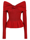 Balmain Off-shoulder Knit Top With Knotted Detail In Mbt Rouge Noir Irise