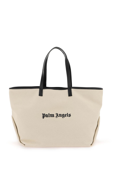 Palm Angels Canvas Tote Bag In Off White Black (white)