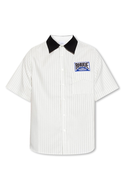 Rhude Twill Stripe Mechanic Short Sleeve Shirt In White