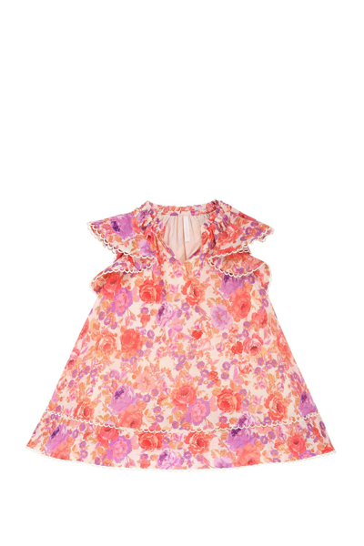 Zimmermann Kids' Girl's Raie Floral-print Flounce Dress In Red/purple Floral