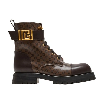 Balmain Mini Monogram Romy Army Boots In Brown