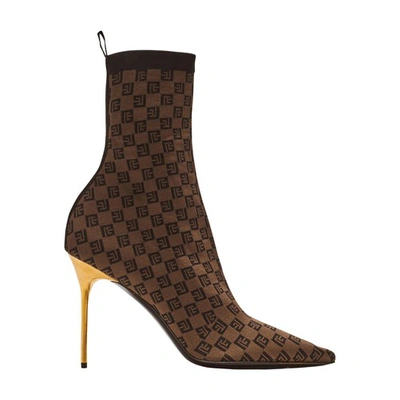 Balmain Skye Monogram Knit Stiletto Booties In Brown