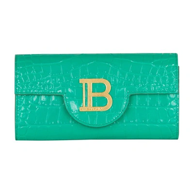 Balmain Bbuzz Croc Embossed Leather Wallet On A Chain In Green