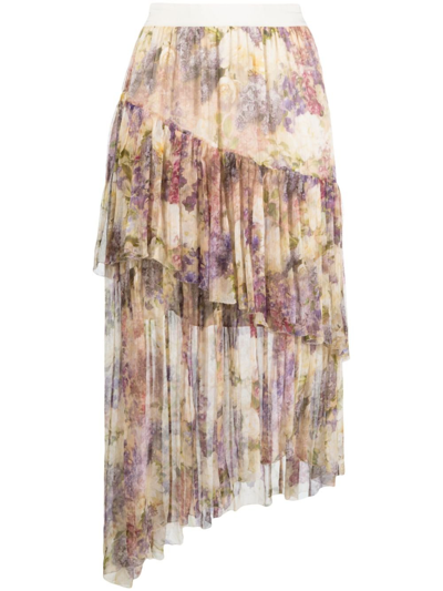 Zimmermann Floral Asymmetric Ruffle Silk Georgette Skirt In Purple