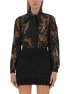 Self-portrait Tie-bow Long-sleeve Lace Shirt In Black