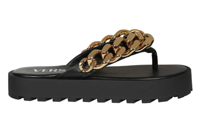 Pre-owned Versace Chain Leather Sandal Black (women's) In Black/gold