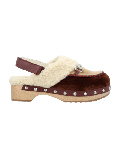 Gucci Kids' Girls Brown & Beige Velvet Clog Sandals