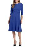 London Times Petites Womens Crepe 3/4 Sleeves Fit & Flare Dress In Blue