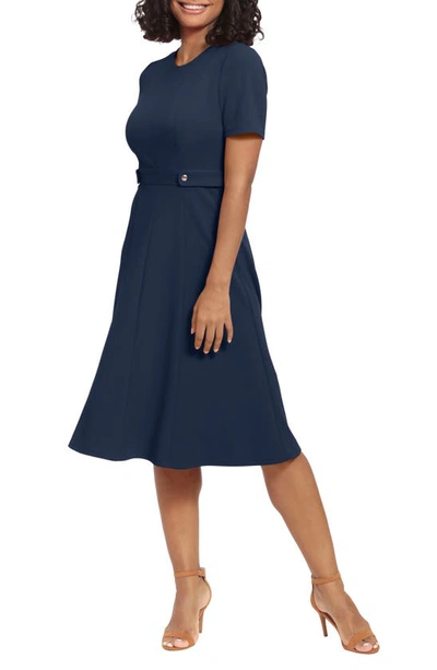 London Times Women's Puff-sleeve Tab-detail Fit & Flare Dress In Nvy Blazer