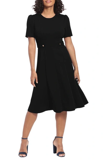 London Times Short Sleeve Fit & Flare Midi Dress In Black