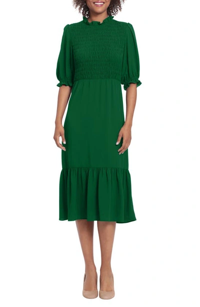 London Times Petite Smocked-bodice Tiered Chiffon Midi Dress In Evergreen
