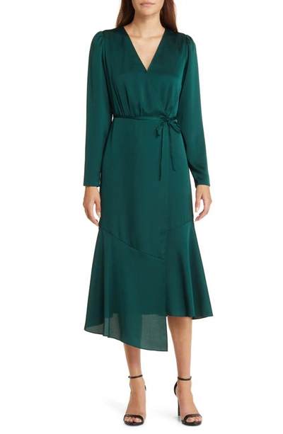 Anne Klein Long Sleeve Satin Faux Wrap Dress In Green