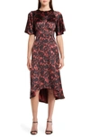 Chelsea28 Flutter Sleeve High-low Satin Midi Dress In Red- Black Dreamy Blooms