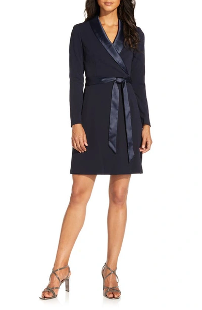 Adrianna Papell Tux Long Sleeve Crepe Faux Wrap Dress In Midnight