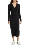 Caslon Long Sleeve Button-up Rib Sweater Dress In Black