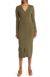 Caslon Long Sleeve Button-up Rib Sweater Dress In Olive Sarma