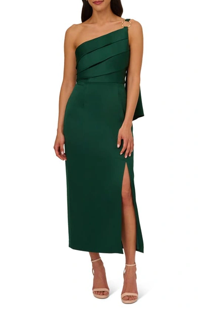 Adrianna Papell Pleat One-shoulder Crepe Cocktail Dress In Deep Forest