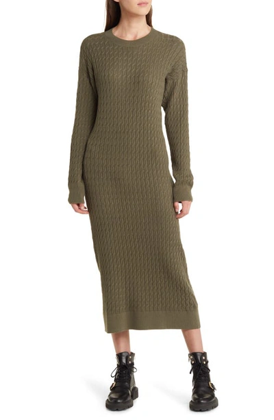 Treasure & Bond Cable Stitch Long Sleeve Midi Sweater Dress In Olive Sarma