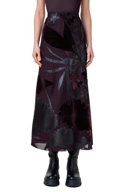Akris Techno Grid Maxi Skirt With Floral Embellishment In Blackberry