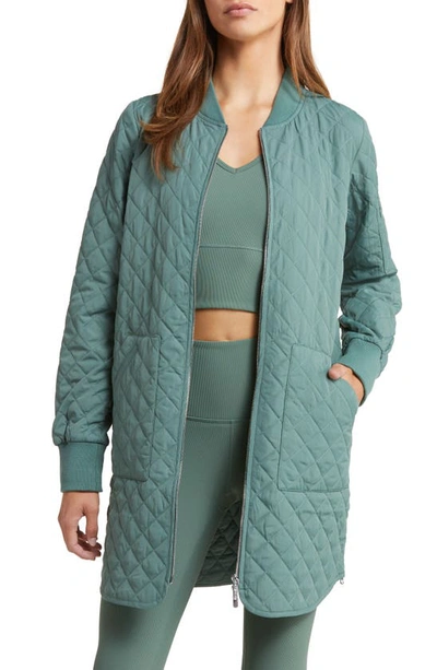 Zella Longline Water Resistant Quilted Bomber Jacket In Green Duck