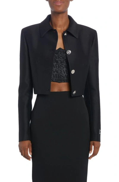 Versace Wool-silk Tailored Single-breasted Crop Jacket In Black