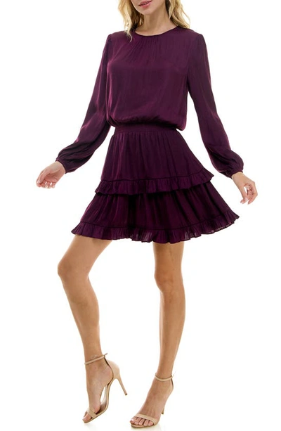 Socialite Smocked Tiered Long Sleeve Satin Dress In Purple Winter