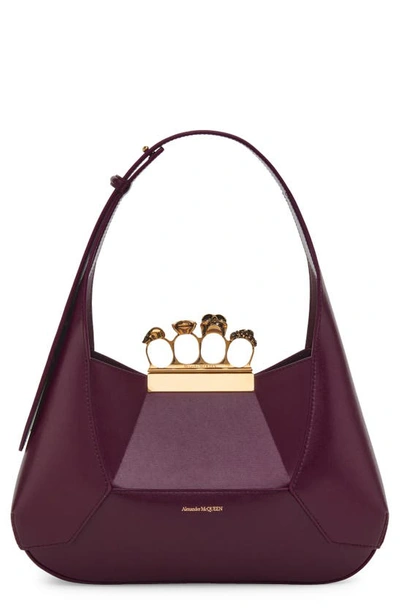 Alexander Mcqueen Mini Jeweled Leather Hobo In Burgundy