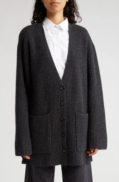 Totême Ribbed Wool Cardigan Charcoal Melange In Grey