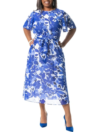 Kasper Womens Floral Print Calf Midi Dress In Blue