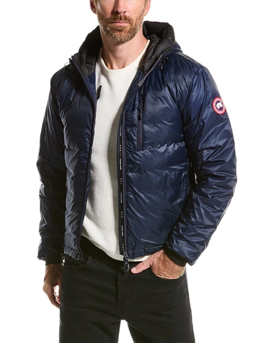 Canada Goose Logo Patch Hooded Down Jacket In Blue