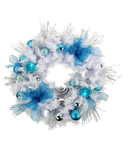 Northlight 24" Pre-decorated Menorah Artificial Pine Hanukkah Wreath In White
