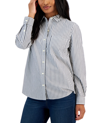 Style & Co Women's Cotton Buttoned-up Shirt, Created For Macy's In Stripe White
