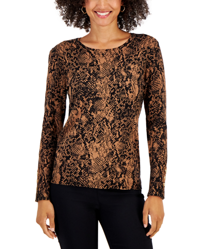 Jm Collection Petite Python-print Buttoned-cuff Sweater, Created For Macy's In Caramel Kiss Combo