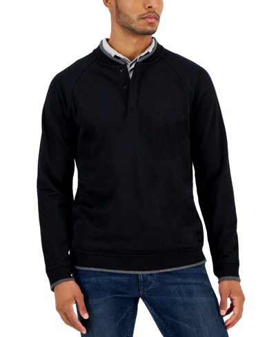 Alfani Baseball-collar Long Sleeve Quarter-snap Pullover In Deep Black