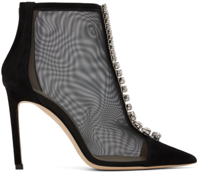 Jimmy Choo Bing 100 Crystal-embellished Suede And Mesh Heeled Boots In Black