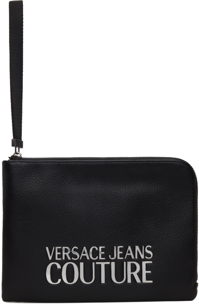 Versace Jeans Couture Black Grained Pouch In Eld2 Black + Silver