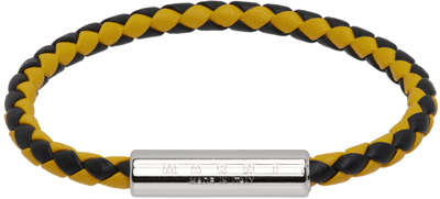 Marni Black & Yellow Braided Leather Bracelet In Y9042 Sun/black