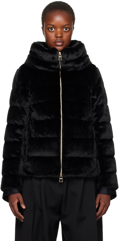 HERNO BLACK QUILTED FAUX-FUR DOWN JACKET