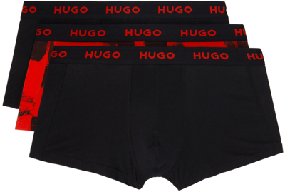 Hugo Three-pack Black & Red Boxers In 623 - Bright Red